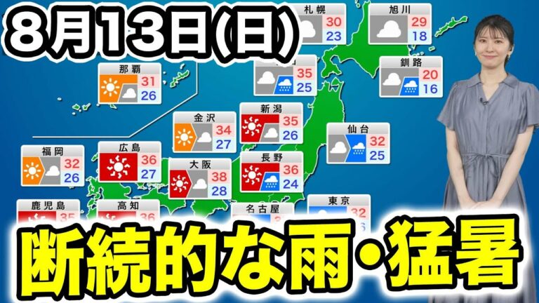 8月13日(日)の天気予報 台風7号の影響で関東など断続的に雨 早めの台風対策を